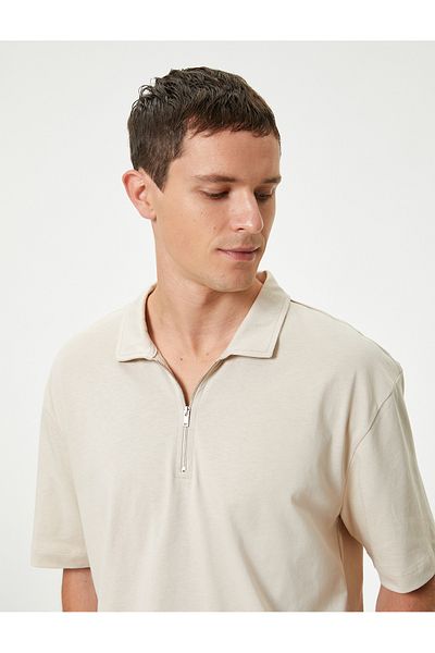 Koton Baumwoll-T-Shirt mit Polokragen in Übergröße – halber Reißverschluss, kurze Ärmel