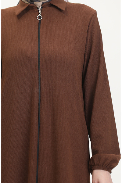 sefamerve Yakalı Fermuarlı Ferace 1021-06 Kahverengi