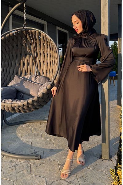 sefamerve Gathered Front Satin Evening Dress 5514-06 Black