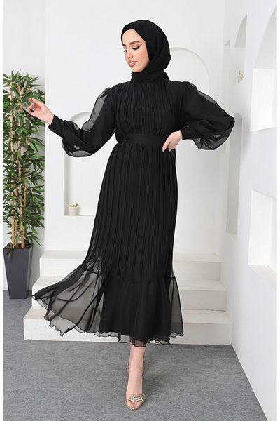 sefamerve Black Pleated Janjan Evening Dress 5510-03