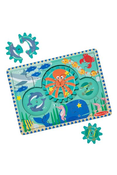 Bebeluc Dřevěné vzdělávací puzzle s ozubenými koly, Oceán, 8 dílků, pro děti od 3 let
