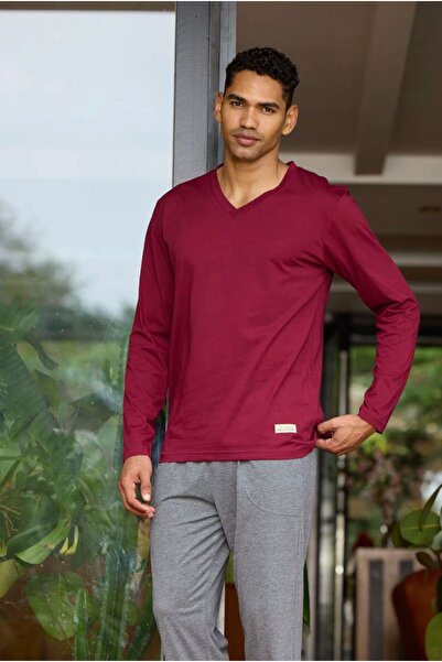 İpek Men's Long Sleeve Plus Size V-Neck 100% Cotton Pajama Set
