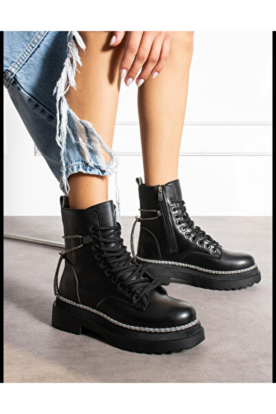 Elf Shoes & Bags ELF Shoes Siyah Taş İp Detaylı Kadın Postal Bot