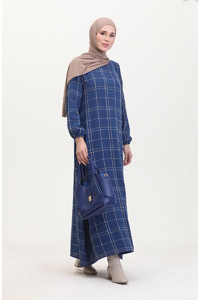 sefamerve Tuvit Kariertes Kleid 0531-06 Marineblau