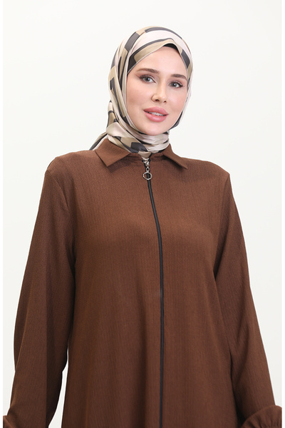 sefamerve Yakalı Fermuarlı Ferace 1021-06 Kahverengi
