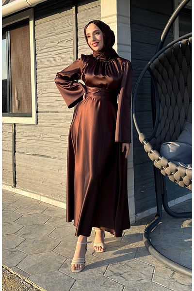 sefamerve Gathered Front Satin Evening Dress 5514-03 Brown
