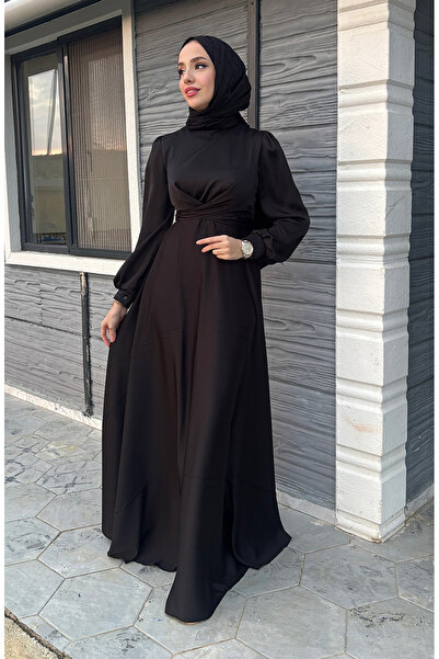 sefamerve Kobe Satin Μαύρο Βραδινό Φόρεμα 5513-01 - Μπροστινή γραβάτα