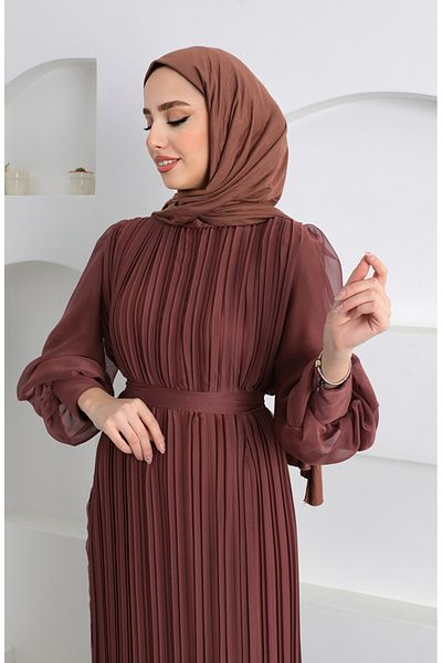 sefamerve Copper Color Pleated Janjan Evening Dress - 5510-04 Model