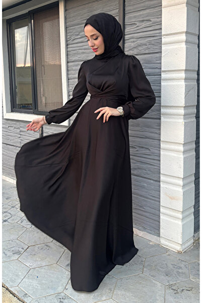 sefamerve Kobe Satin Μαύρο Βραδινό Φόρεμα 5513-01 - Μπροστινή γραβάτα