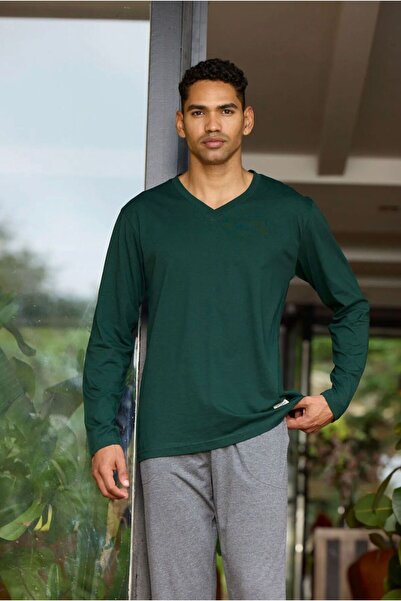 İpek Men's Long Sleeve Plus Size V-Neck 100% Cotton Pajama Set