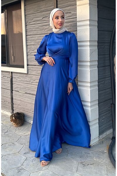 sefamerve Saks Farbe Kobe Satin Abendkleid - Front Tie 5513-03