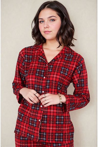 Burcumay Red Suede Large Size Plaid Pajamas Set - Long Sleeve, Buttoned Front, Shirt Collar