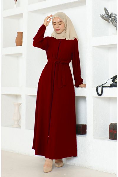 sefamerve Burgundy Ferace - Wrapped Fabric and Belted 1019-08
