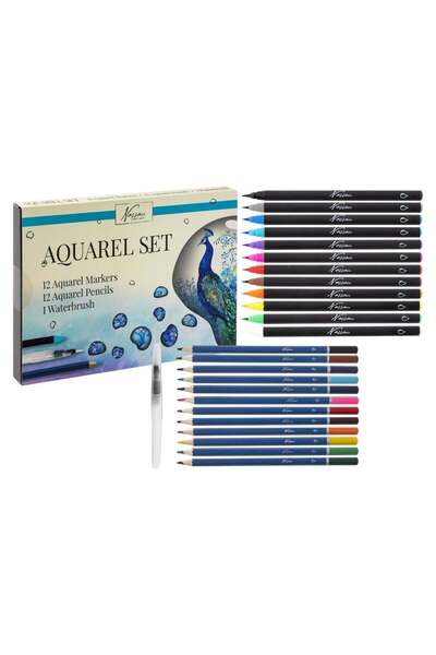 Bebeluc Set creativ, 12 carioci acuarelă, 12 creioane colorate tip acuarelă, 1 pensulă, Nassau