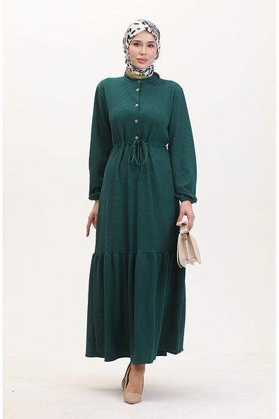 sefamerve Twist Fabric Ribbed Half Button Dress 0526-07 Emerald Green