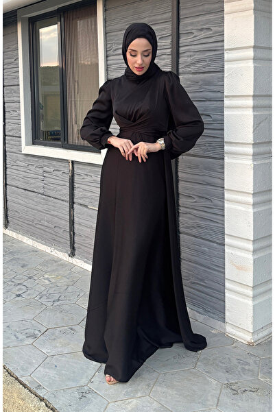 sefamerve Kobe Satin Μαύρο Βραδινό Φόρεμα 5513-01 - Μπροστινή γραβάτα