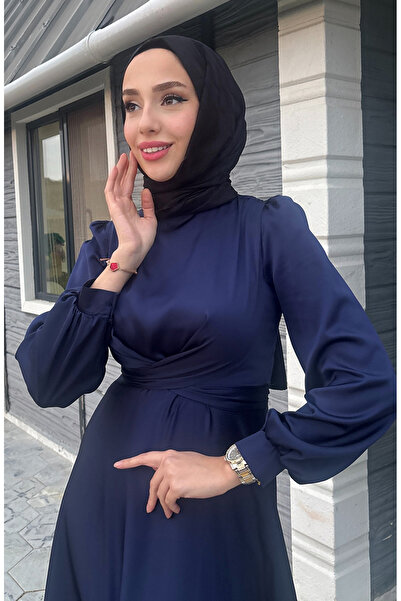 sefamerve Kobe szatén estélyi ruha elülső nyakkendővel 5513-02 sötétkék