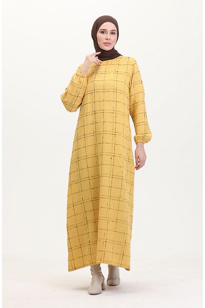 sefamerve Tuvit Kariertes Kleid 0531-04 Gelb