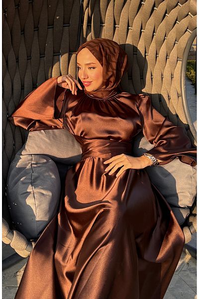 sefamerve Gathered Front Satin Evening Dress 5514-03 Brown