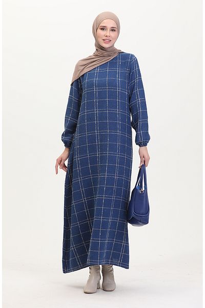 sefamerve Tuvit Kariertes Kleid 0531-06 Marineblau
