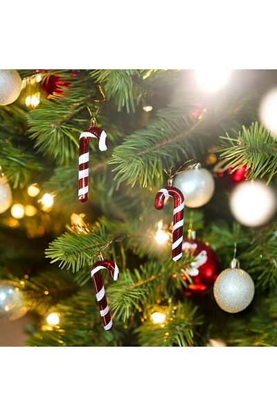 Kuzey Vip Deluxe - 6 Pcs Bright Blackhead Red Christmas Tree Ornaments, 13 cm Walking Stick Ornament