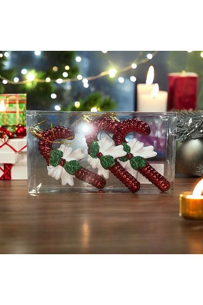 Kuzey Vip Deluxe - 3 Pcs Walking Stick Stick with Bows Crescent Decoration 10cm Bright Silvery Red Christmas Ornaments