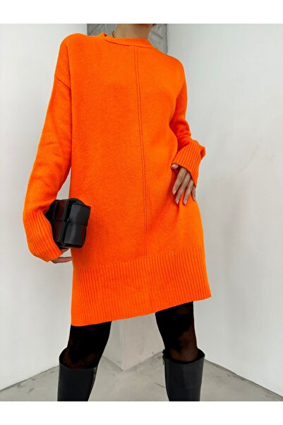 Modamorfo Crew Neck Hijab Winter Knitwear Tunic - Orange