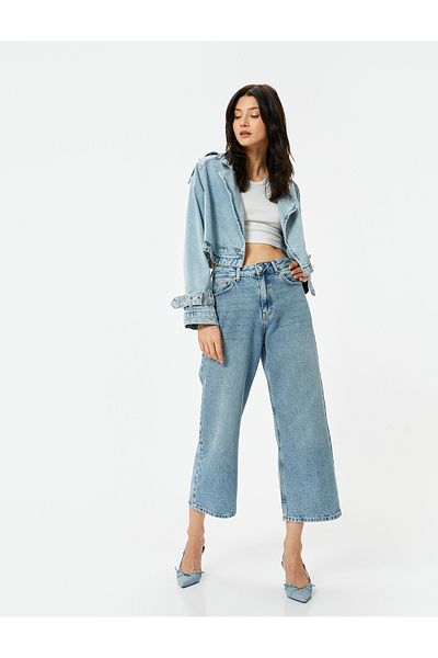 Koton Weite Jeans mit kurzem Bein und normaler Taille aus Baumwolle mit Tasche - Bianca Crop Jeans