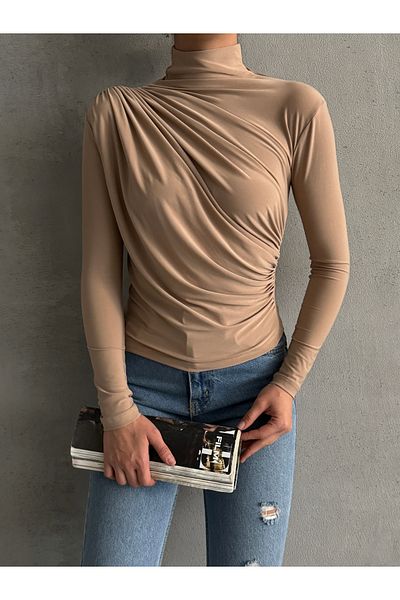 BEJNA Nerzfarbene Sandy-Bluse mit Kordelzug und Stehkragen für Damen