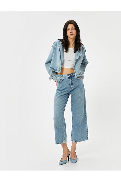 Koton Weite Jeans mit kurzem Bein und normaler Taille aus Baumwolle mit Tasche - Bianca Crop Jeans