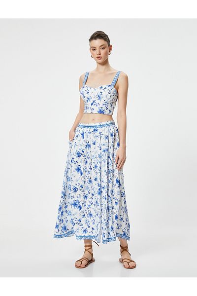 Koton Midi Floral Skirt Slit Detail Viscous Fabric