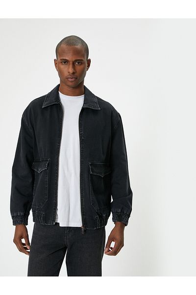 Koton Jachetă din denim cu fermoar cu guler clasic - Detaliată cu buzunar