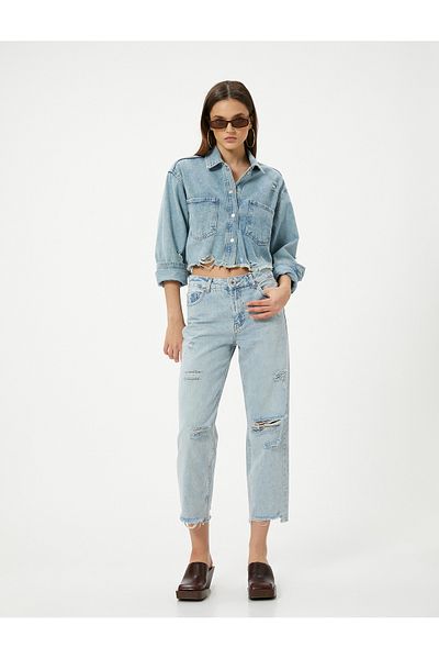 Koton Kurze Jeans mit geradem Bein und Cut-Outs und Taschen - Multi-Fraying Eve Straight Jeans