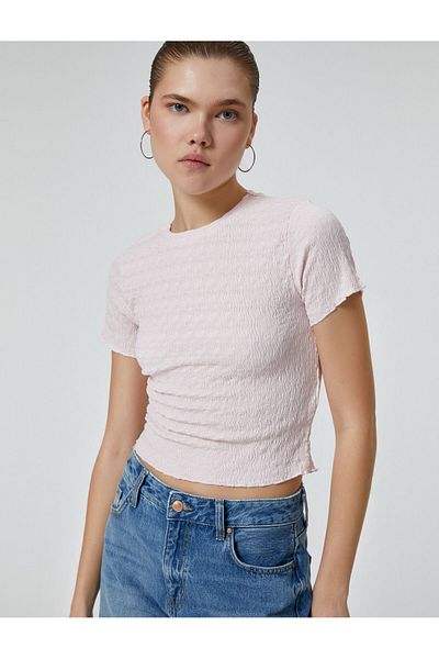 Koton Ανάγλυφο Crop Top - Κοντό μανίκι Crew Neck - Slim Fit Twist
