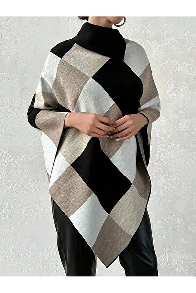 b buhari bykoc Women's Square Print Neckline Triangle Knitwear Poncho