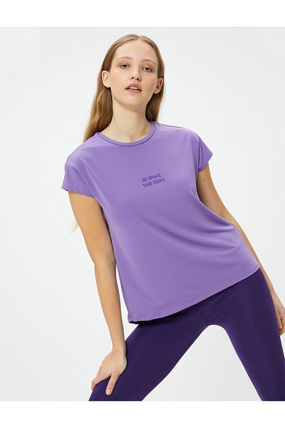 Koton Crew Neck Printed Short Sleeve Sports T-Shirt with Window Detail