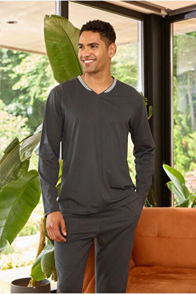 İpek Set de pijamale pentru bărbați cu mânecă lungă și decolteu în V bumbac 1...