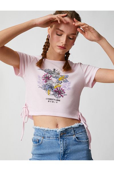 Koton Crop T-Shirt Printed Short Sleeve Crew Neck Ribbed