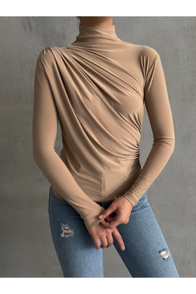 BEJNA Γυναικεία αμμώδης μπλούζα με γιακά με λεπτομέρεια με κορδόνι βιζόν