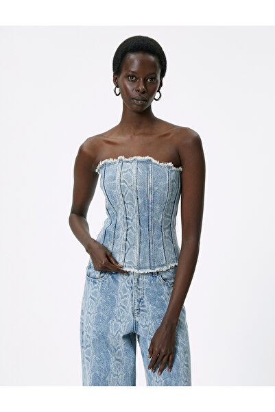 Koton Στράπλες τζιν μπλούζα κορσέ με φούντες στις άκρες και φερμουάρ