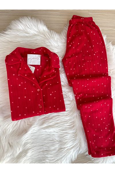 Pijamacs Fleece Pajama Set - Red Star Pattern, Buttoned Front