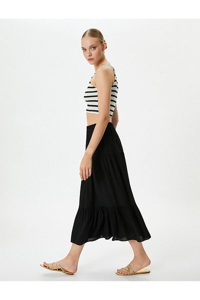 Koton Midi Skirt with Flounce and Elastic Waist Viscose
