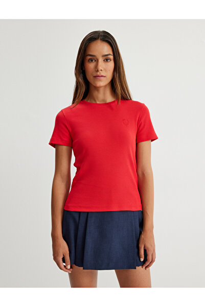 Koton Βασικό μπλουζάκι με λαιμόκοψη με κοντό μανίκι βαμβακερή λεπτή εφαρμογή