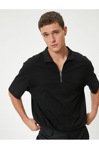 Koton Baumwoll-T-Shirt mit Polokragen in Übergröße – halber Reißverschluss, kurze Ärmel
