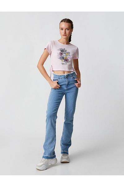 Koton Crop T-Shirt Printed Short Sleeve Crew Neck Ribbed