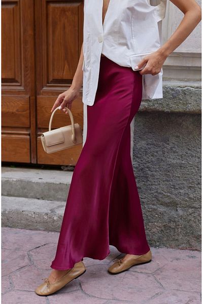 DUSOHOME Fusta din satin lucios lungime maxi cu talie elastica