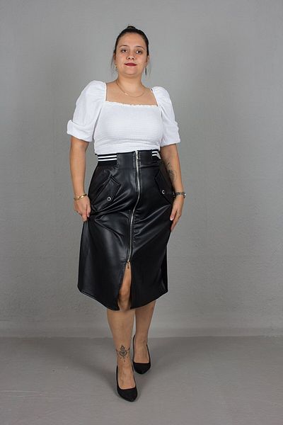 Truva XXL Plus Size Front Zipper Detail Back Steel Combed Cotton Leather Skirt Skirt