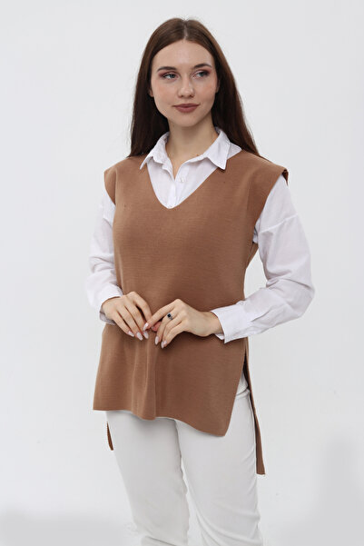 MA ananas Дамски дълъг плетен пуловер с колан с V-образно деколте