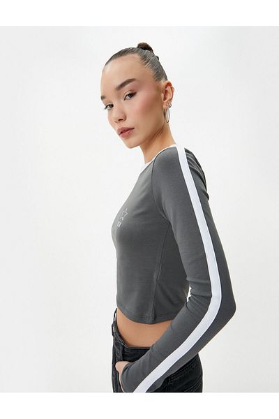 Koton Crop Long Sleeve T-Shirt Back Number Printed Striped Crew Neck Cotton