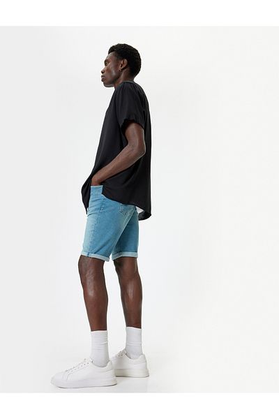 Koton Cotton Slim Fit Bermuda Jeans Shorts - Pocket Detailed Folded Leg